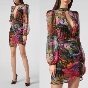Philipp Plein Jungle Rock Logo Printed + Studded Long Sleeve Mini Dress